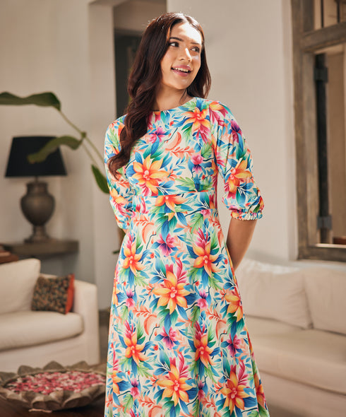 Half Puffed Sleeve Printed Maxi Dress